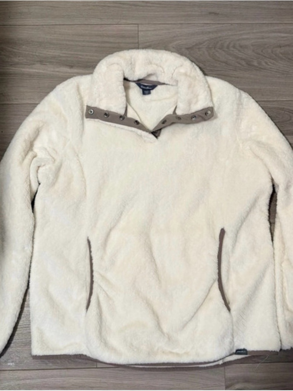 Eddie Bauer Cream Shearling Fleece Pullover with Tan Trim